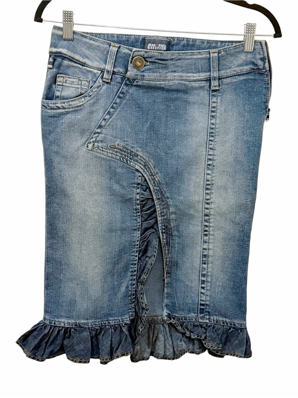 Vintage Jean Paul Gaultier Ruffled Hem Denim Skirt - Light Blue